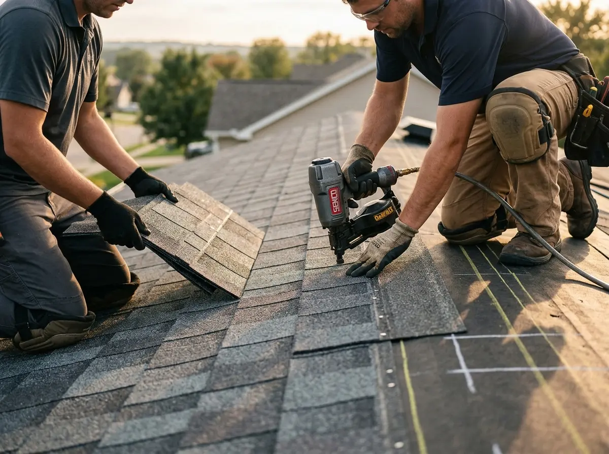 Professional roofer working on a residential roof in Cedar Falls
